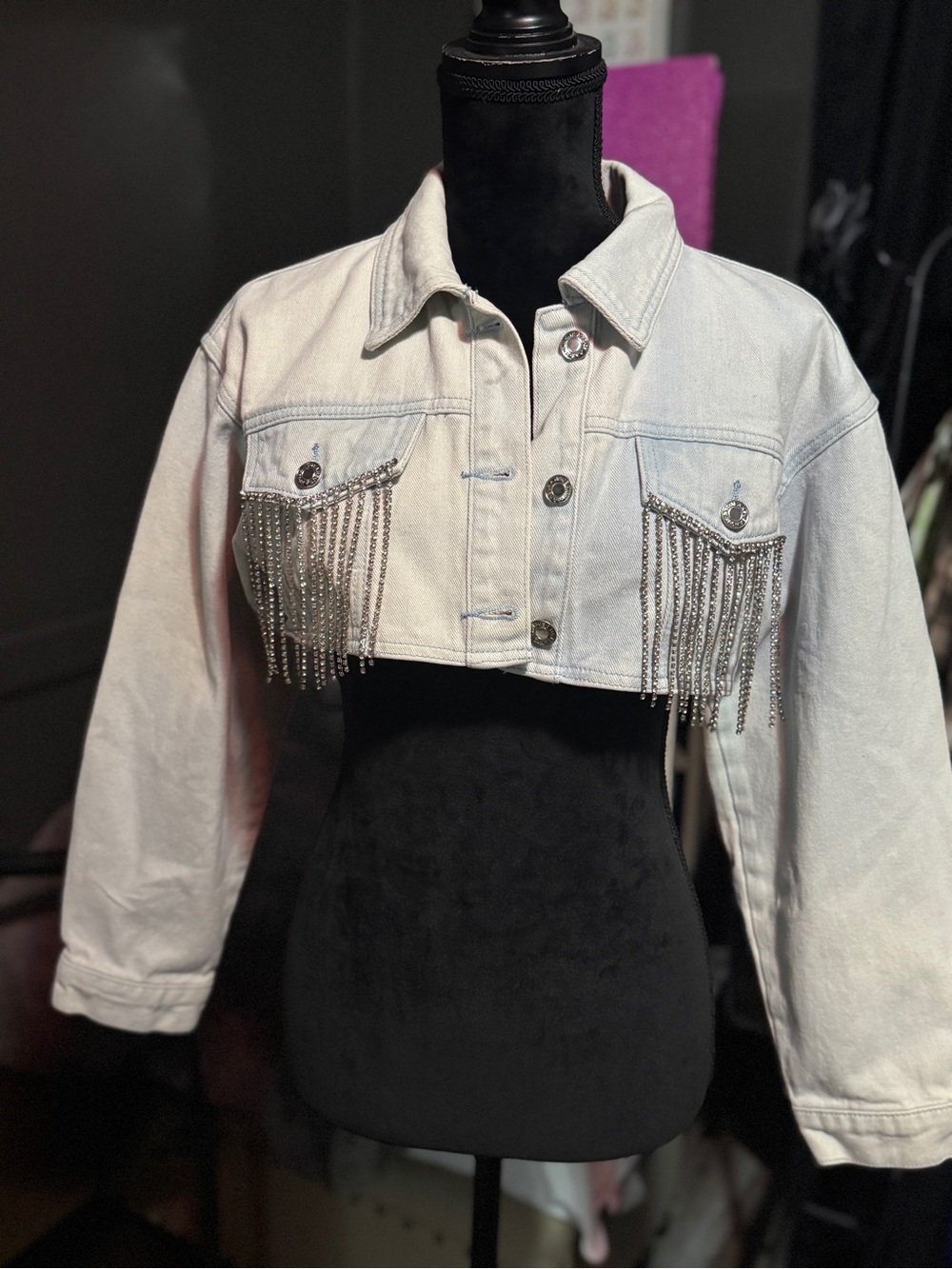 Cropped Denim Jacket with Diamanté Fringe